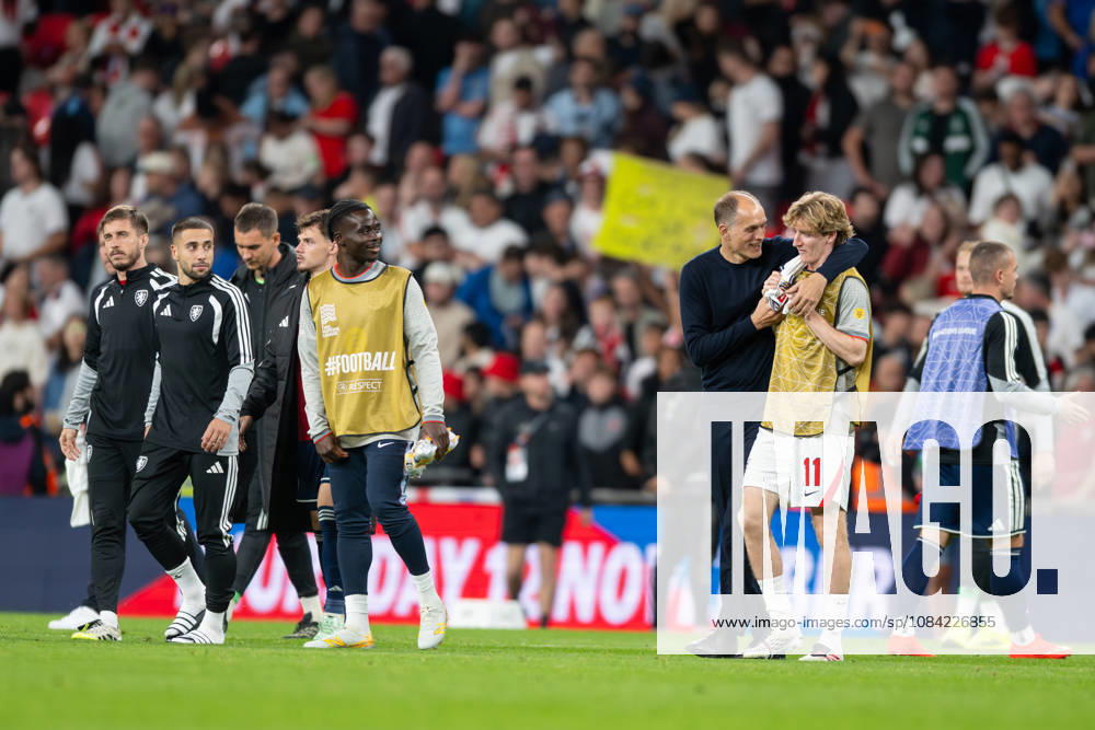 Thomas Tuchel England Manager and Anthony Gordon of England have a few words at the end of Englands win by 3-0 in the Nations League match between England and Czechia at Wembley Stadium, London, England on 6 October 2026.