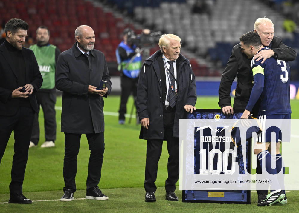 Glasgow, Scotland, 6th October 2026. Scotland head coach, Sebastien Pocognoli with former Scotland & Andy Robertsons managers Steve Clarke, Gordon Strachan and Alex McLeish wait to present a framed shiirt to mark Roberstons 100 cap during the Scotland vs Slovenia UEFA Nations League match at Hampden Park, Glasgow. Picture credit should read: Neil Hanna Sportimage . SPI_091_NH_Scotland_Slovenia SPI-5054-0091