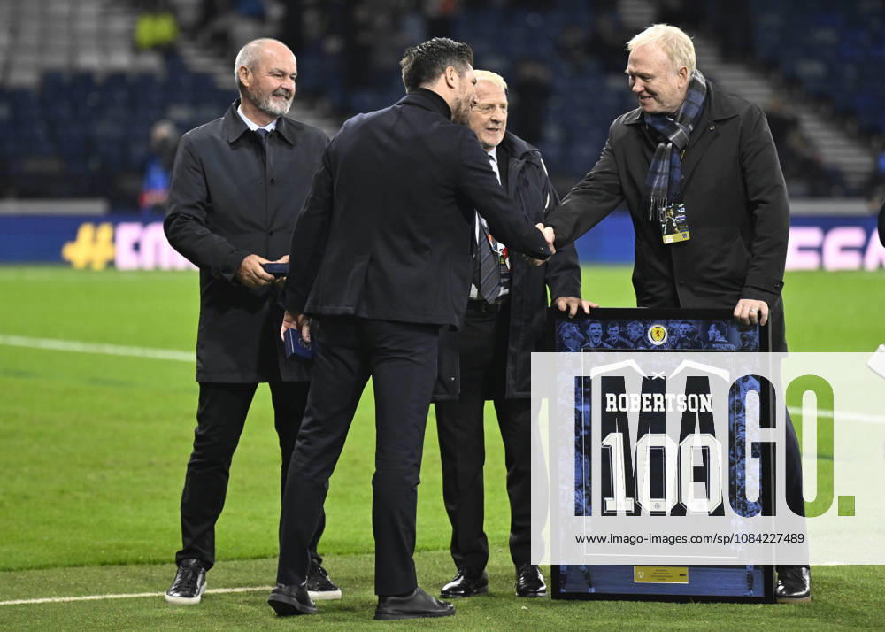 Glasgow, Scotland, 6th October 2026. Scotland head coach, Sebastien Pocognoli with former Scotland & Andy Robertsons managers Steve Clarke, Gordon Strachan and Alex McLeish wait to present a framed shiirt to mark Roberstons 100 cap during the Scotland vs Slovenia UEFA Nations League match at Hampden Park, Glasgow. Picture credit should read: Neil Hanna Sportimage . SPI_089_NH_Scotland_Slovenia SPI-5054-0089