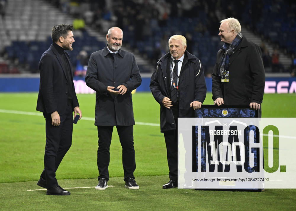 Glasgow, Scotland, 6th October 2026. Scotland head coach, Sebastien Pocognoli with former Scotland & Andy Robertsons managers Steve Clarke, Gordon Strachan and Alex McLeish wait to present a framed shiirt to mark Roberstons 100 cap during the Scotland vs Slovenia UEFA Nations League match at Hampden Park, Glasgow. Picture credit should read: Neil Hanna Sportimage . SPI_090_NH_Scotland_Slovenia SPI-5054-0090