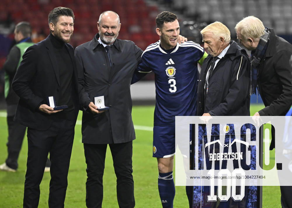 Glasgow, Scotland, 6th October 2026. Scotland head coach, Sebastien Pocognoli with former Scotland & Andy Robertsons managers Steve Clarke, Gordon Strachan and Alex McLeish wait to present a framed shiirt to mark Roberstons 100 cap during the Scotland vs Slovenia UEFA Nations League match at Hampden Park, Glasgow. Picture credit should read: Neil Hanna Sportimage . SPI_095_NH_Scotland_Slovenia SPI-5054-0095