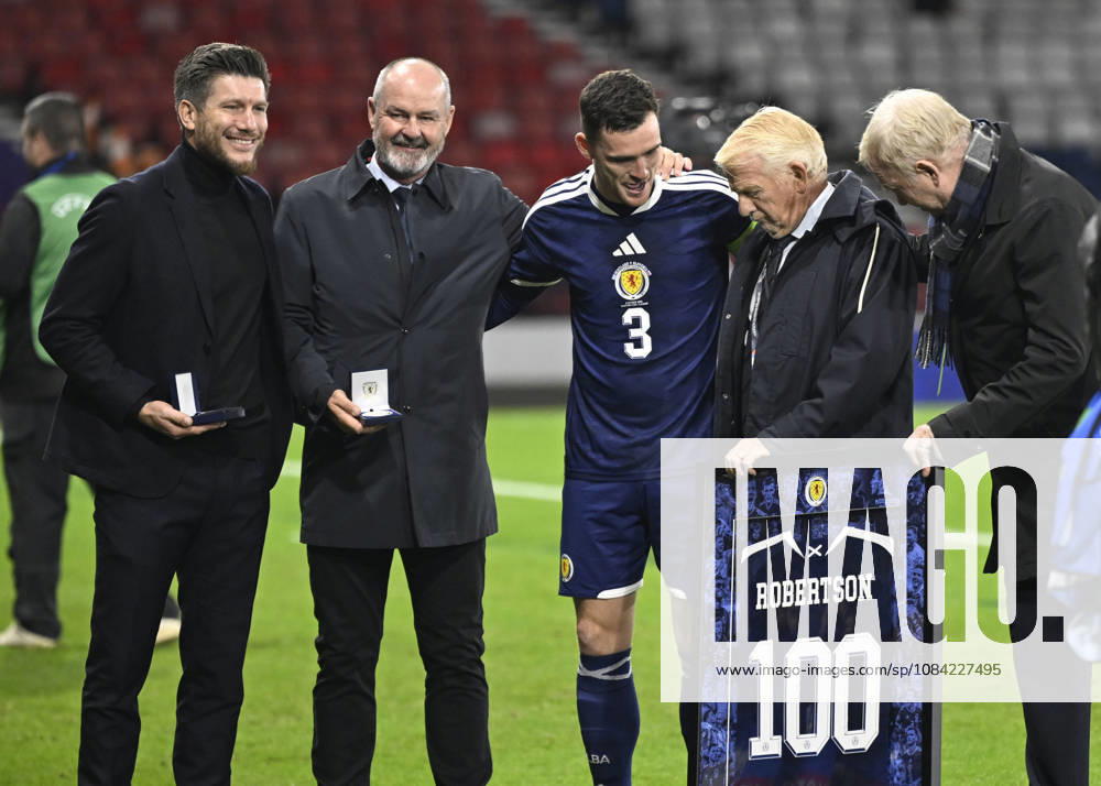 Glasgow, Scotland, 6th October 2026. Scotland head coach, Sebastien Pocognoli with former Scotland & Andy Robertsons managers Steve Clarke, Gordon Strachan and Alex McLeish wait to present a framed shiirt to mark Roberstons 100 cap during the Scotland vs Slovenia UEFA Nations League match at Hampden Park, Glasgow. Picture credit should read: Neil Hanna Sportimage . SPI_096_NH_Scotland_Slovenia SPI-5054-0096