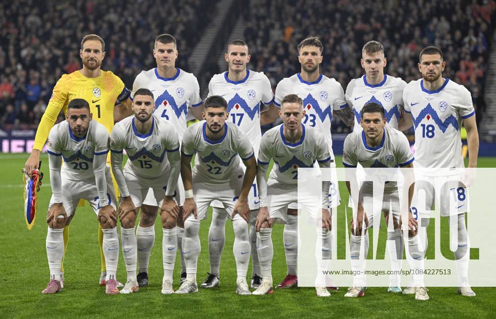 Glasgow, Scotland, 6th October 2026. The Slovenian starting 11 during the Scotland vs Slovenia UEFA Nations League match at Hampden Park, Glasgow. Picture credit should read: Neil Hanna Sportimage . SPI_099_NH_Scotland_Slovenia SPI-5054-0099
