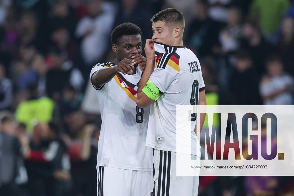 Noel Aseko (Germany) und Nicolo Tresoldi (Germany) talk together during the UEFA Under21 EURO Qualifier, EM, Europameisterschaft between Germany U21, U 21 and Georgia U21 at Almstadion on October 6, 2026 in Bielefeld, Germany. (Photo by Marco Steinbrenner DeFodi Images) -