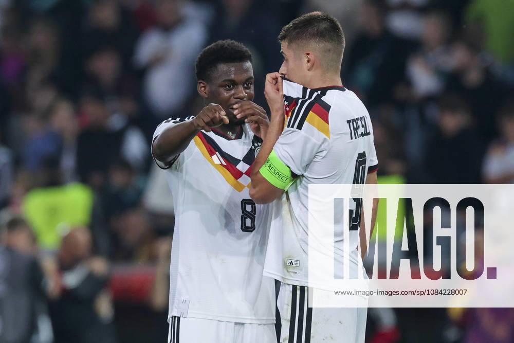 Noel Aseko (Germany) und Nicolo Tresoldi (Germany) talk together during the UEFA Under21 EURO Qualifier, EM, Europameisterschaft between Germany U21, U 21 and Georgia U21 at Almstadion on October 6, 2026 in Bielefeld, Germany. (Photo by Marco Steinbrenner DeFodi Images) -