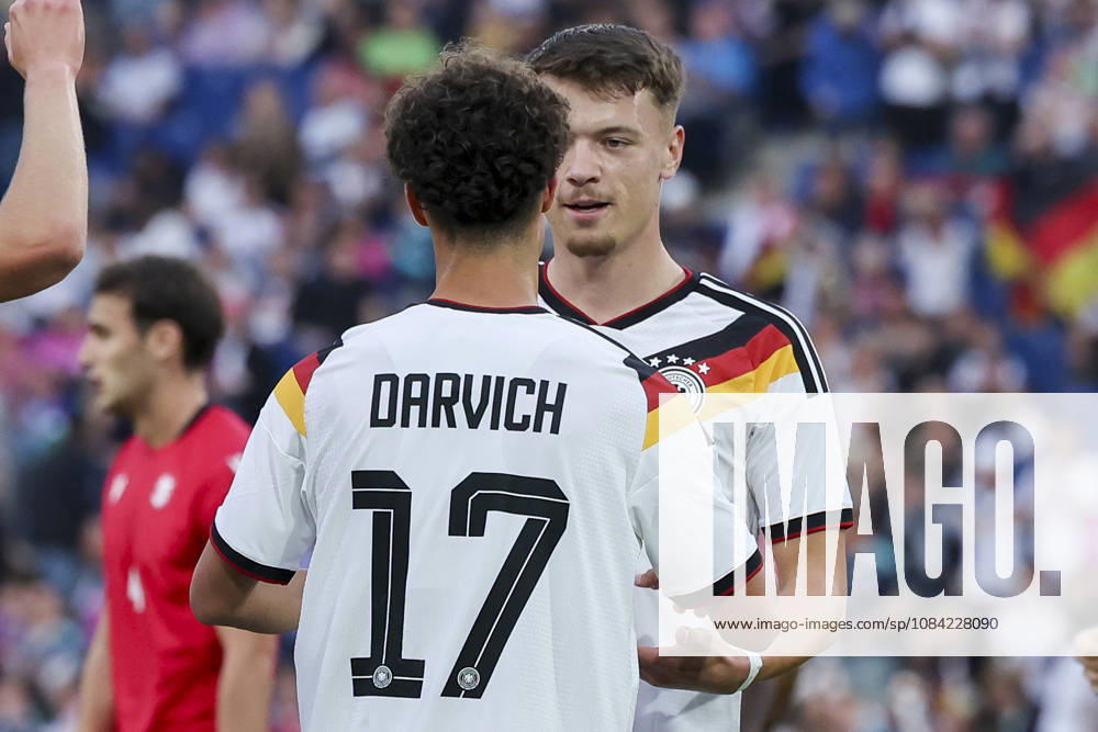Dzenan Pejcinovic (Germany) celebrates after scoring his teams first goal with Noah Darvich (Germany) during the UEFA Under21 EURO Qualifier, EM, Europameisterschaft between Germany U21, U 21 and Georgia U21 at Almstadion on October 6, 2026 in Bielefeld, Germany. (Photo by Marco Steinbrenner DeFodi Images) -
