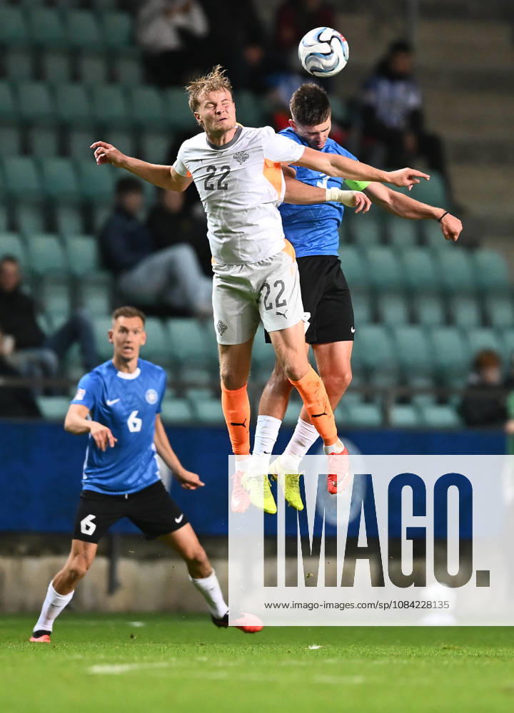 (261007) -- TALLINN, Oct. 7, 2026 -- Iceland s Andri Gudjohnsen (top L) and Estonia s Maksim Paskotsi head for the ball during the UEFA Nations League 2026 27 League C Group C4 match between Estonia and Iceland at A. Le Coq Arena in Tallinn, Estonia, Oct. 6, 2026. (Photo by Xinhua) (SP)ESTONIA-TALLINN-FOOTBALL-UEFA NATIONS LEAGUE C-ESTONIA VS ICELAND SergeixStepanov