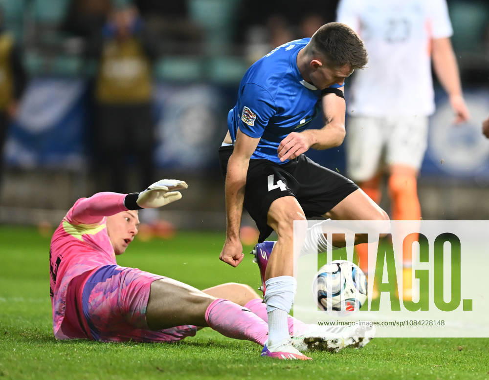(261007) -- TALLINN, Oct. 7, 2026 -- Iceland s goalkeeper Hakon Rafn Valdimarsson (L) challenges Estonia s Mattias Kait for the ball during the UEFA Nations League 2026 27 League C Group C4 match between Estonia and Iceland at A. Le Coq Arena in Tallinn, Estonia, Oct. 6, 2026. (Photo by Xinhua) (SP)ESTONIA-TALLINN-FOOTBALL-UEFA NATIONS LEAGUE C-ESTONIA VS ICELAND SergeixStepanov