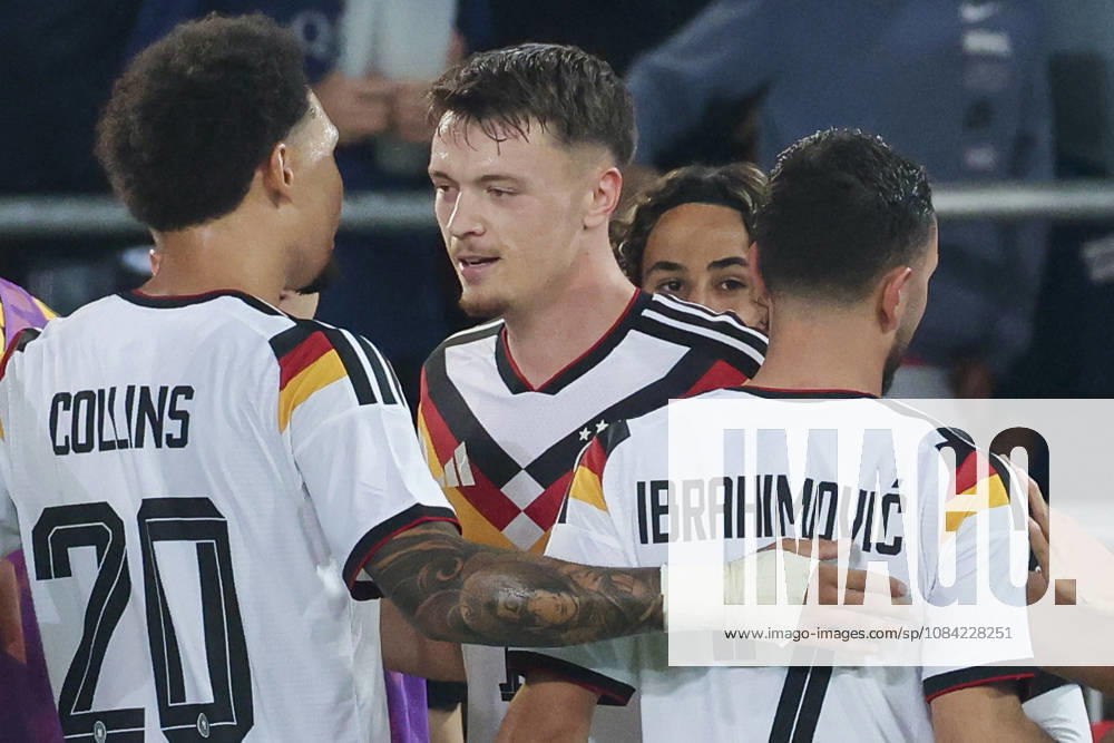 Dzenan Pejcinovic (Germany) celebrates after scoring his teams second goal with Nnamdi Collins (Germany) and Arijon Ibrahimovic (Germany) during the UEFA Under21 EURO Qualifier, EM, Europameisterschaft between Germany U21, U 21 and Georgia U21 at Almstadion on October 6, 2026 in Bielefeld, Germany. (Photo by Marco Steinbrenner DeFodi Images) -
