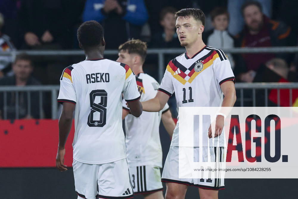 Dzenan Pejcinovic (Germany) celebrates after scoring his teams second goal with Noel Aseko (Germany) during the UEFA Under21 EURO Qualifier, EM, Europameisterschaft between Germany U21, U 21 and Georgia U21 at Almstadion on October 6, 2026 in Bielefeld, Germany. (Photo by Marco Steinbrenner DeFodi Images) -