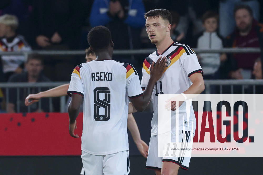 Dzenan Pejcinovic (Germany) celebrates after scoring his teams second goal with Noel Aseko (Germany) during the UEFA Under21 EURO Qualifier, EM, Europameisterschaft between Germany U21, U 21 and Georgia U21 at Almstadion on October 6, 2026 in Bielefeld, Germany. (Photo by Marco Steinbrenner DeFodi Images) -