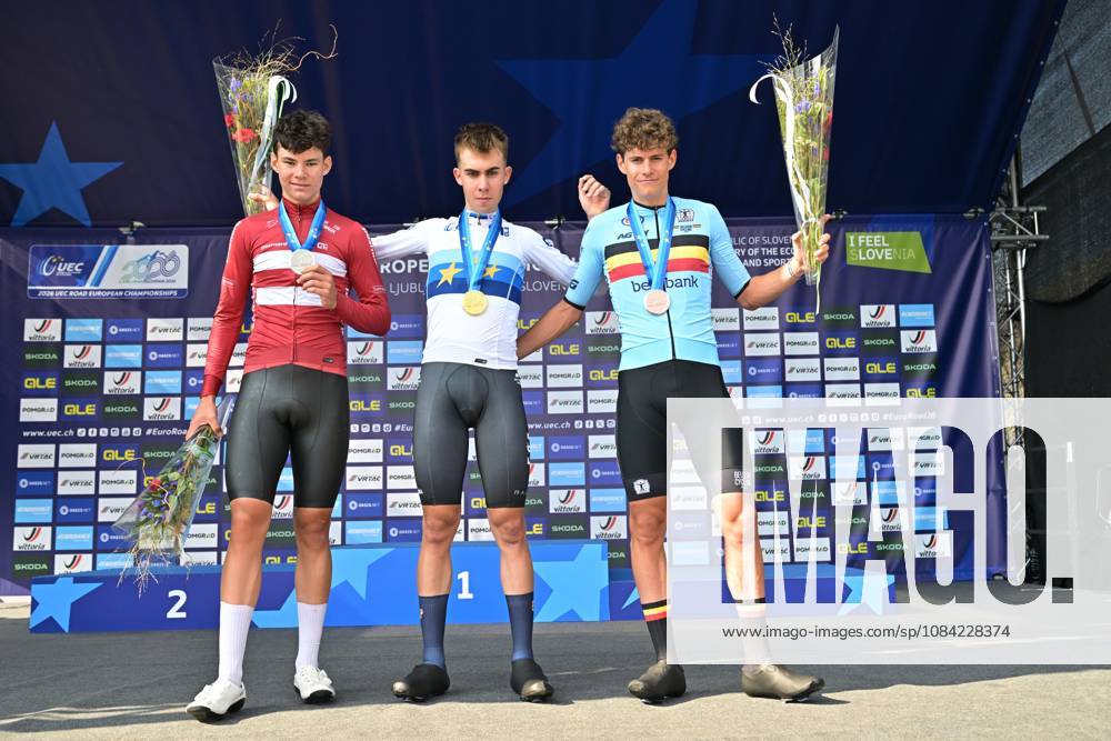 Denmark s Malthe Risbjerg; Spain s Benjamin Noval Suarez and Belgium s Vic De Smet celebrate on the podium of the Men Junior Individual Time Trial race (22km) at the cycling UEC Road European Championships, in Ljubljana, Slovenia, on Wednesday 7 October 2026. The UEC Road European Championships are taking place from 02 to 07 October in Ljubljana, Slovenia. DAVIDxPINTENS x189038015x