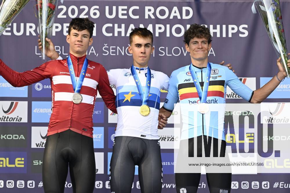 UEC 2026 Road European Championships Ljubljana 07 10 2026 SENCUR, SLOVENIA - OCTOBER 07 : silver medal Risbjerg Malthe (DEN), gold medal Noval suarez Benjamin (ESP) and bronze medal De smet Vic (BEL) pictured during the podium ceremony of the Individual Time Trial Men Junior at the 2026 UEC Road European Championships. An UCI Continental Championships time trial cycling race with start and finish in Sencur on October 7, 2026 in Sencur, Slovenia, 07 10 2026 Sencur Slovenia