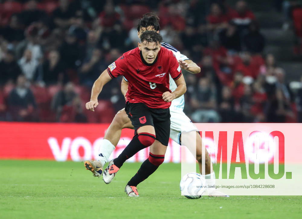 Kristjan Asllani of Albania and Lorenzo Capicchioni of San Marino during UEFA Nations League 2026-2027 group phase match between Albania and San Marino in Tirana, Albania on 6 October, 2026. Tirana Albania - ZUMAb266 20261006_zip_b266_010