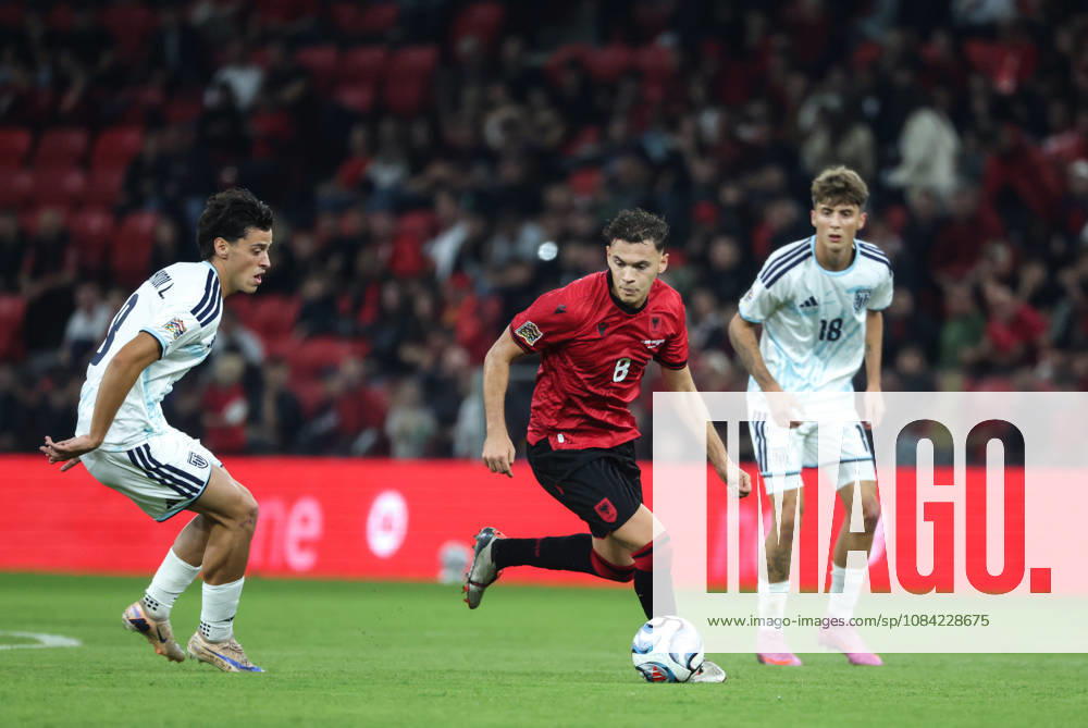 Kristjan Asllani of Albania and Lorenzo Capicchioni of San Marino during UEFA Nations League 2026-2027 group phase match between Albania and San Marino in Tirana, Albania on 6 October, 2026. Soccer 2026 Albania Vs San Marino UEFA Nations League 2026-2027 - ZUMAb266 20261006_zip_b266_011