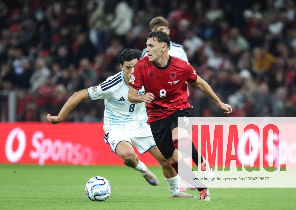 Kristjan Asllani of Albania and Lorenzo Capicchioni of San Marino during UEFA Nations League 2026-2027 group phase match between Albania and San Marino in Tirana, Albania on 6 October, 2026. Soccer 2026 Albania Vs San Marino UEFA Nations League 2026-2027 - ZUMAb266 20261006_zip_b266_012
