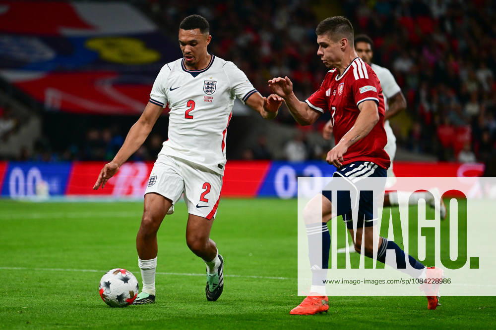 England v Czechia, UEFA Nations League England defender Trent Alexander-Arnold (2) under pressure from Czechia defender Ondrej Zmrzly (3) during the UEFA Nations League match between England and Czechia at Wembley Stadium, London, UK on 6 October 2026. London Wembley Stadium Greater London UK Editorial use only ,