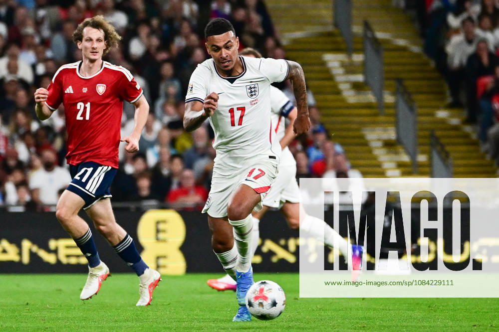 England v Czechia, UEFA Nations League England forward Morgan Rogers (17) under pressure from Czechia midfielder Alex Kral (21) during the UEFA Nations League match between England and Czechia at Wembley Stadium, London, UK on 6 October 2026. London Wembley Stadium Greater London UK Editorial use only ,