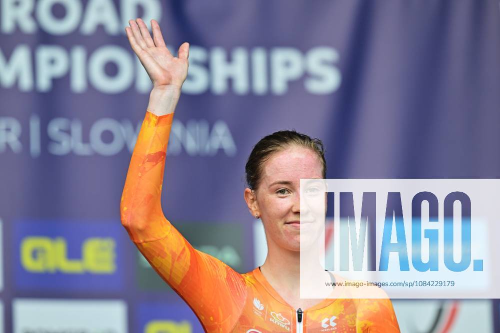 Netherlands Nienke Vinke celebrates on the podium after winning the Women U23 Individual Time Trial race (22km) at the cycling UEC Road European Championships, in Ljubljana, Slovenia, on Wednesday 7 October 2026. The UEC Road European Championships are taking place from 02 to 07 October in Ljubljana, Slovenia. DAVIDxPINTENS x189040022x