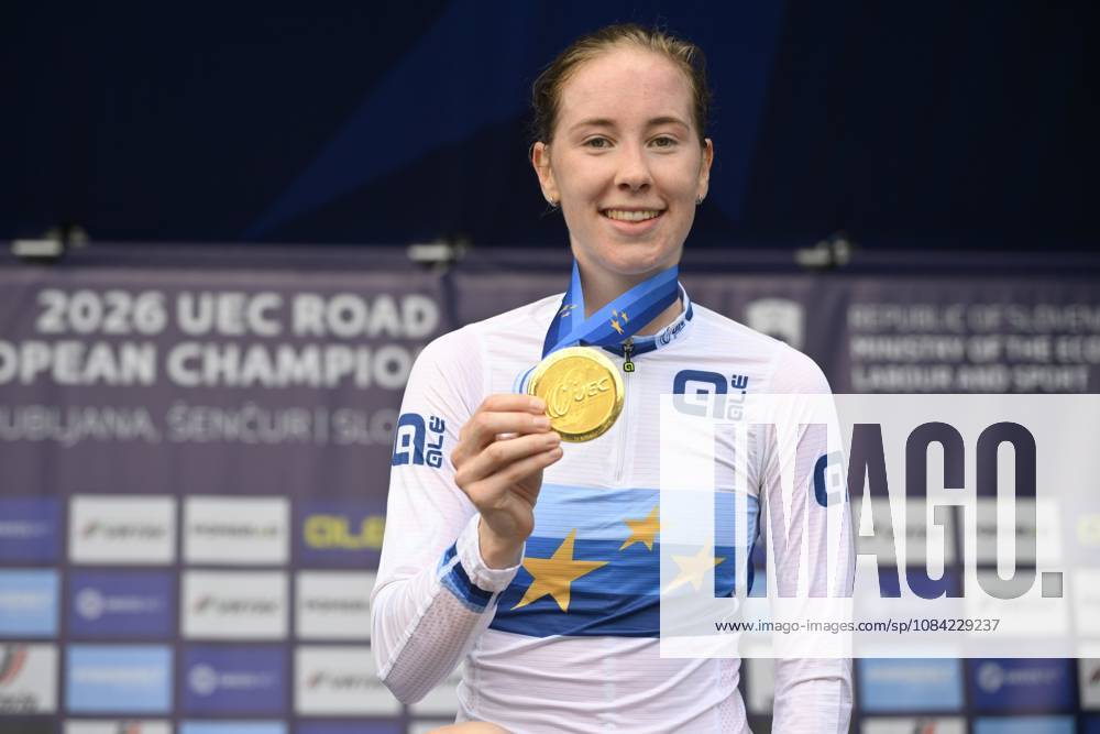 UEC 2026 Road European Championships Ljubljana 07 10 2026 SENCUR, SLOVENIA - OCTOBER 07 : gold medal Vinke Nienke (NED) pictured during the podium ceremony of the Individual Time Trial Women Under 23 at the 2026 UEC Road European Championships. An UCI Continental Championships time trial cycling race with start and finish in Sencur on October 7, 2026 in Sencur, Slovenia, 07 10 2026 Sencur Slovenia