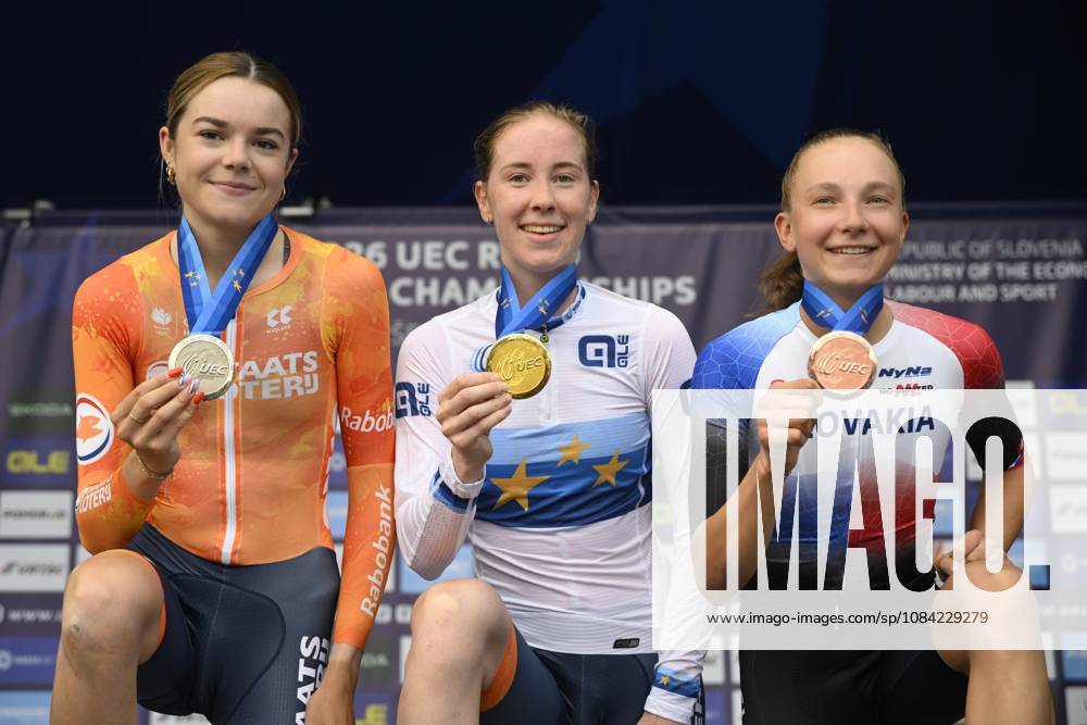 UEC 2026 Road European Championships Ljubljana 07 10 2026 SENCUR, SLOVENIA - OCTOBER 07 : silver medal Arens Megan (NED), gold medal Vinke Nienke (NED) and bronze medal Chladonova Viktoria (SVK) pictured during the podium ceremony of the Individual Time Trial Women Under 23 at the 2026 UEC Road European Championships. An UCI Continental Championships time trial cycling race with start and finish in Sencur on October 7, 2026 in Sencur, Slovenia, 07 10 2026 Sencur Slovenia