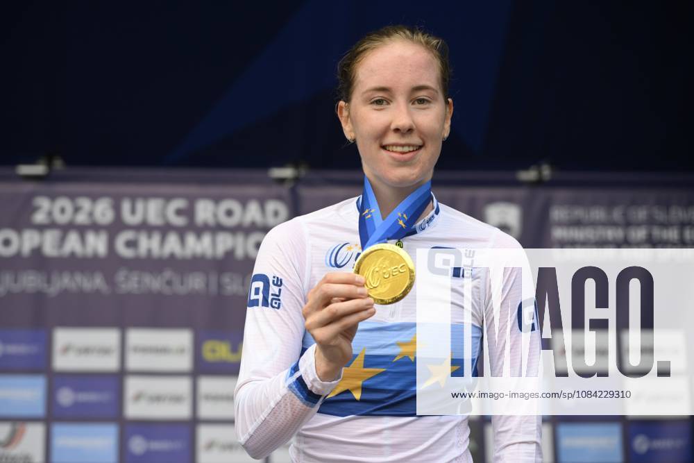 UEC 2026 Road European Championships Ljubljana 07 10 2026 SENCUR, SLOVENIA - OCTOBER 07 : gold medal Vinke Nienke (NED) pictured during the podium ceremony of the Individual Time Trial Women Under 23 at the 2026 UEC Road European Championships. An UCI Continental Championships time trial cycling race with start and finish in Sencur on October 7, 2026 in Sencur, Slovenia, 07 10 2026 Sencur Slovenia