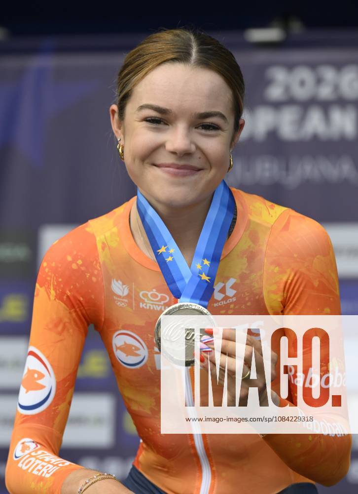 UEC 2026 Road European Championships Ljubljana 07 10 2026 SENCUR, SLOVENIA - OCTOBER 07 : silver medal Arens Megan (NED) pictured during the podium ceremony of the Individual Time Trial Women Under 23 at the 2026 UEC Road European Championships. An UCI Continental Championships time trial cycling race with start and finish in Sencur on October 7, 2026 in Sencur, Slovenia, 07 10 2026 Sencur Slovenia