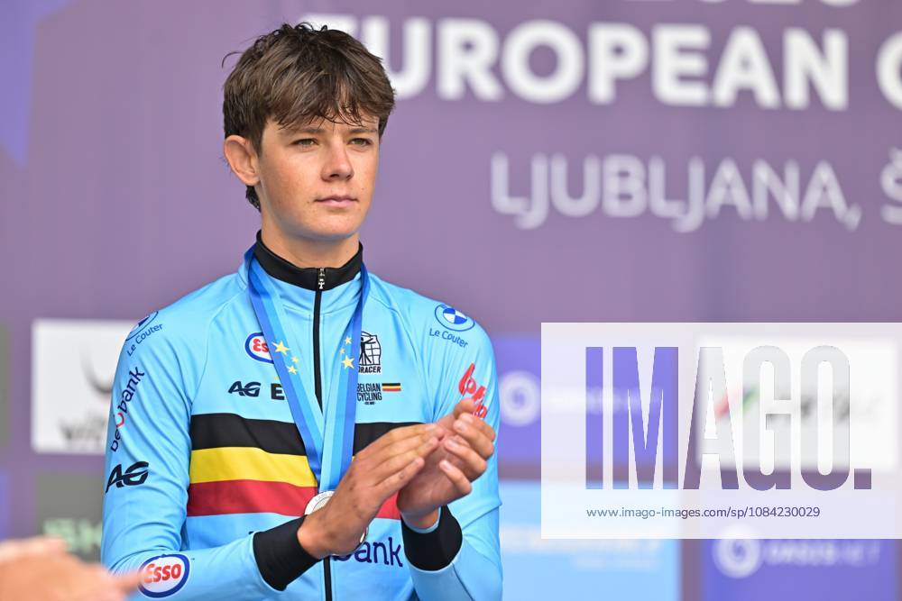 Belgium s Matisse Van Kerckhove , winner of the silver medal celebrates on the podium of the Men U23 Individual Time Trial race (22km) at the cycling UEC Road European Championships, in Ljubljana, Slovenia, on Wednesday 7 October 2026. The UEC Road European Championships are taking place from 02 to 07 October in Ljubljana, Slovenia. DAVIDxPINTENS x189042177x
