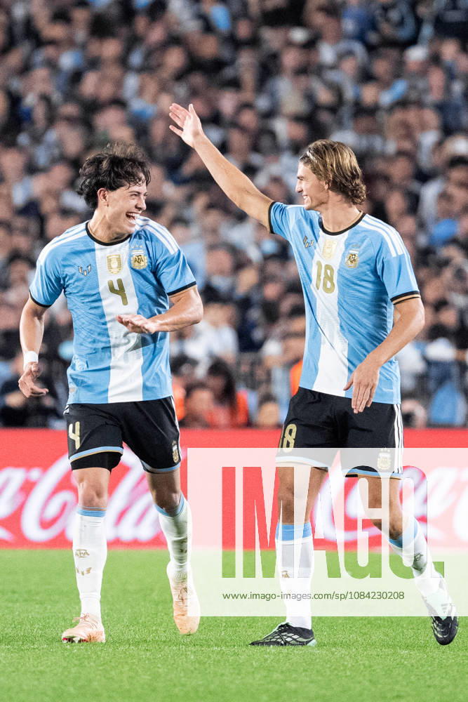 Nico Paz of Argentina (R) celebrates after scoring the team s second goal with Agustin Giay, also of Argentina (L), during the International Friendly, Länderspiel, Nationalmannschaft football match between Argentina and Benin, at the Estadio Monumental Antonio V. Liberti, on October 6, 2026, in Buenos Aires, Argentina. Richard Callis Fotoarena (Richard Callis SPP)