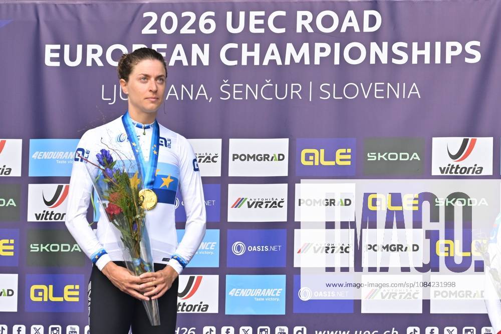 Switzerland s Marlen Reusser celebrates on the podium after winning the Women Elite Individual Time Trial race (22km) at the cycling UEC Road European Championships, in Ljubljana, Slovenia, on Wednesday 7 October 2026. The UEC Road European Championships are taking place from 02 to 07 October in Ljubljana, Slovenia. DAVIDxPINTENS x189054034x