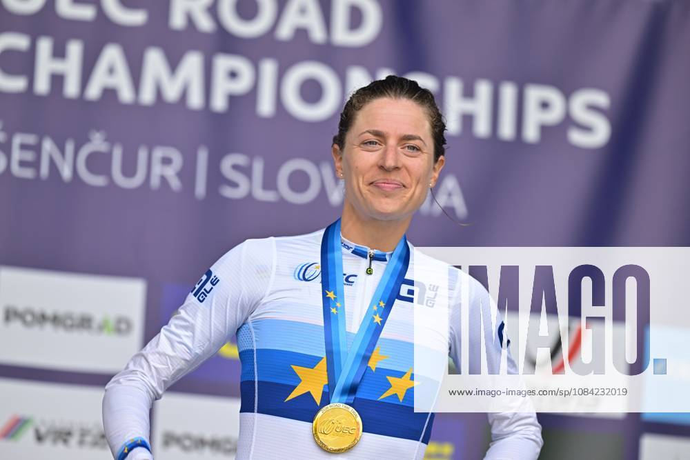 Switzerland s Marlen Reusser celebrates on the podium after winning the Women Elite Individual Time Trial race (22km) at the cycling UEC Road European Championships, in Ljubljana, Slovenia, on Wednesday 7 October 2026. The UEC Road European Championships are taking place from 02 to 07 October in Ljubljana, Slovenia. DAVIDxPINTENS x189054159x