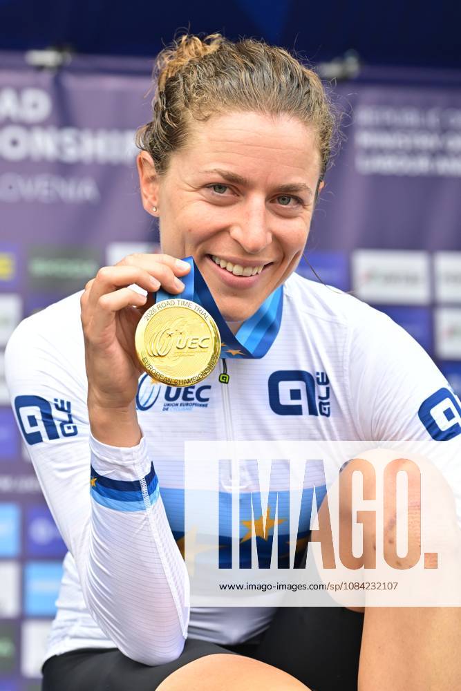 Switzerland s Marlen Reusser celebrates on the podium after winning the Women Elite Individual Time Trial race (22km) at the cycling UEC Road European Championships, in Ljubljana, Slovenia, on Wednesday 7 October 2026. The UEC Road European Championships are taking place from 02 to 07 October in Ljubljana, Slovenia. DAVIDxPINTENS x189054860x