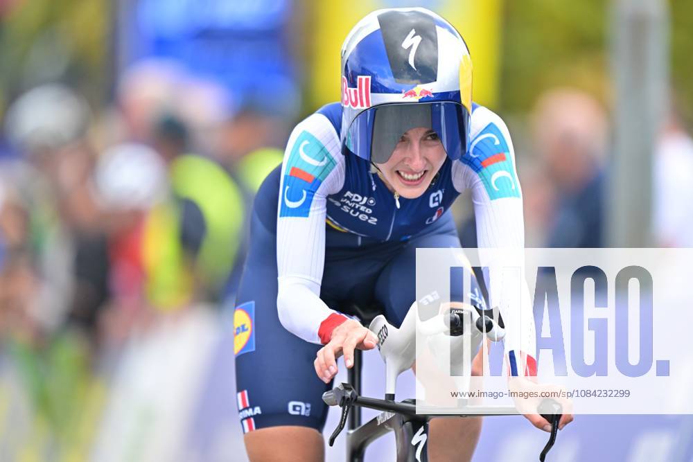 France s Juliette Berthet crosses the finish line of the Women Elite Individual Time Trial race (22km) at the cycling UEC Road European Championships, in Ljubljana, Slovenia, on Wednesday 7 October 2026. The UEC Road European Championships are taking place from 02 to 07 October in Ljubljana, Slovenia. DAVIDxPINTENS x189055068x
