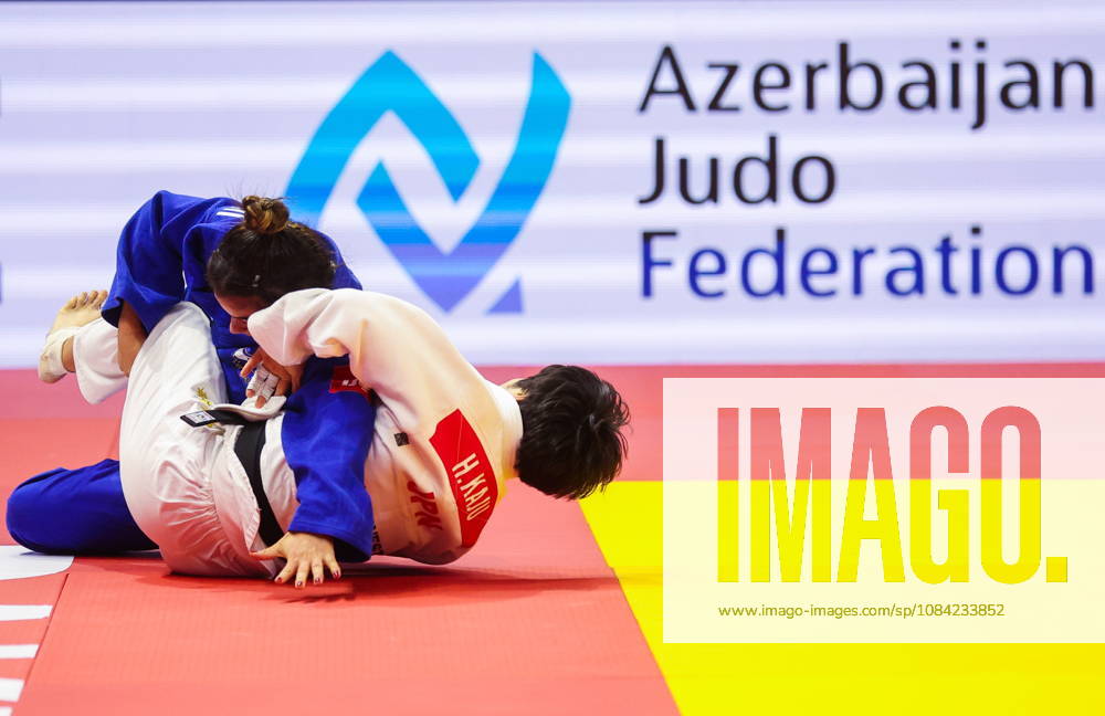 AZERBAIJAN, BAKU - OCTOBER 7, 2026: Kerem Primo (L) of Israel and Haruka Kaju of Japan compete in a -63 kg bout as part of the 2026 World Judo Championships at the National Gymnastics Arena. Mikhail Sinitsyn TASS 98913907