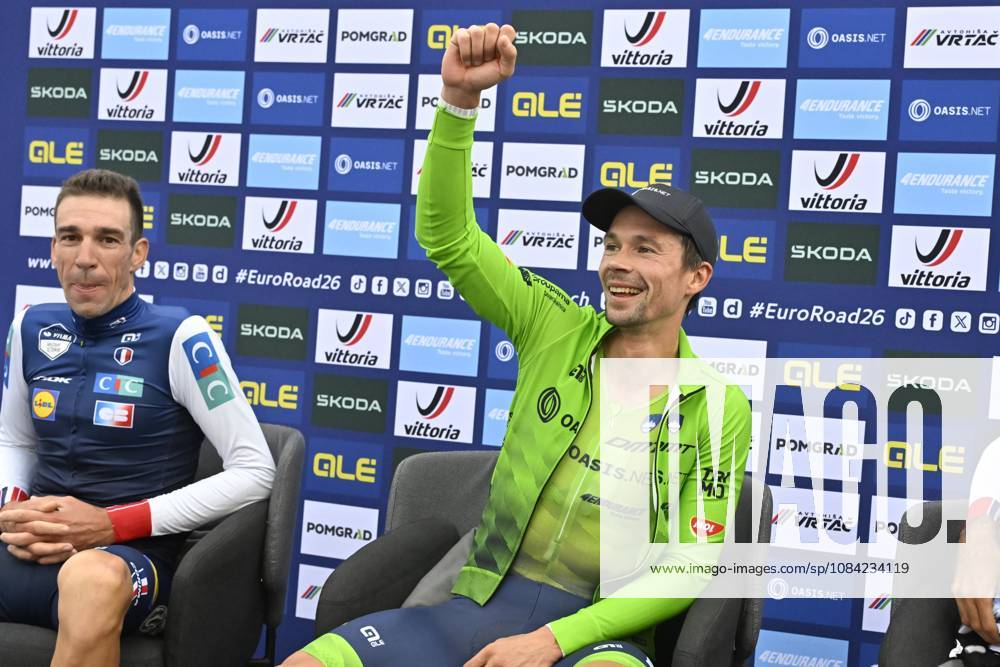 UEC 2026 Road European Championships Ljubljana 07 10 2026 SENCUR, SLOVENIA - OCTOBER 07 : Armirail Bruno (FRA) and Roglic Primoz (SLO) after the Men Elite Individual Time Trial at the 2026 UEC Road European Championships. An UCI Continental Championships time trial cycling race with start and finish in Sencur on October 7, 2026 in Sencur, Slovenia, 07 10 2026 Sencur Slovenia