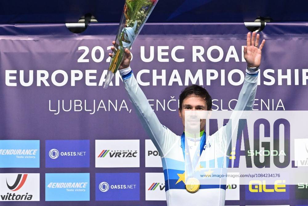 Slovenia s Primoz Roglic celebrates on the podium after winning the Men Elite Individual Time Trial race (22km) at the cycling UEC Road European Championships, in Ljubljana, Slovenia, on Wednesday 7 October 2026. The UEC Road European Championships are taking place from 02 to 07 October in Ljubljana, Slovenia. DAVIDxPINTENS x189068229x