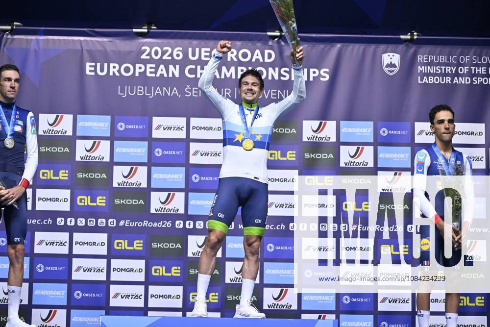 UEC 2026 Road European Championships Ljubljana 07 10 2026 SENCUR, SLOVENIA - OCTOBER 07 : silver medal Armirail Bruno (FRA), gold medal Roglic Primoz (SLO) and bronze medal Decomble Maxime (FRA) pictured during the podium ceremony of the Men Elite Individual Time Trial at the 2026 UEC Road European Championships. An UCI Continental Championships time trial cycling race with start and finish in Sencur on October 7, 2026 in Sencur, Slovenia, 07 10 2026 Sencur Slovenia