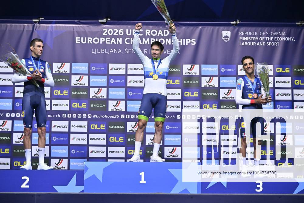 UEC 2026 Road European Championships Ljubljana 07 10 2026 SENCUR, SLOVENIA - OCTOBER 07 : silver medal Armirail Bruno (FRA), gold medal Roglic Primoz (SLO) and bronze medal Decomble Maxime (FRA) pictured during the podium ceremony of the Men Elite Individual Time Trial at the 2026 UEC Road European Championships. An UCI Continental Championships time trial cycling race with start and finish in Sencur on October 7, 2026 in Sencur, Slovenia, 07 10 2026 Sencur Slovenia