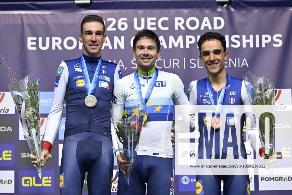UEC 2026 Road European Championships Ljubljana 07 10 2026 SENCUR, SLOVENIA - OCTOBER 07 : silver medal Armirail Bruno (FRA), gold medal Roglic Primoz (SLO) and bronze medal Decomble Maxime (FRA) pictured during the podium ceremony of the Men Elite Individual Time Trial at the 2026 UEC Road European Championships. An UCI Continental Championships time trial cycling race with start and finish in Sencur on October 7, 2026 in Sencur, Slovenia, 07 10 2026 Sencur Slovenia