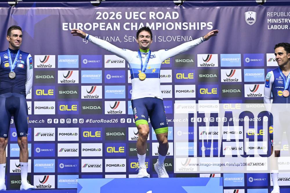 UEC 2026 Road European Championships Ljubljana 07 10 2026 SENCUR, SLOVENIA - OCTOBER 07 : silver medal Armirail Bruno (FRA), gold medal Roglic Primoz (SLO) and bronze medal Decomble Maxime (FRA) pictured during the podium ceremony of the Men Elite Individual Time Trial at the 2026 UEC Road European Championships. An UCI Continental Championships time trial cycling race with start and finish in Sencur on October 7, 2026 in Sencur, Slovenia, 07 10 2026 Sencur Slovenia
