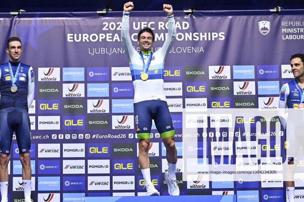 UEC 2026 Road European Championships Ljubljana 07 10 2026 SENCUR, SLOVENIA - OCTOBER 07 : silver medal Armirail Bruno (FRA), gold medal Roglic Primoz (SLO) and bronze medal Decomble Maxime (FRA) pictured during the podium ceremony of the Men Elite Individual Time Trial at the 2026 UEC Road European Championships. An UCI Continental Championships time trial cycling race with start and finish in Sencur on October 7, 2026 in Sencur, Slovenia, 07 10 2026 Sencur Slovenia