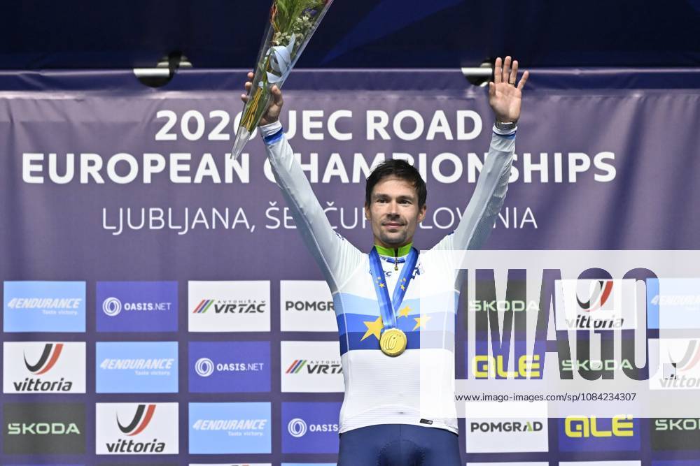 UEC 2026 Road European Championships Ljubljana 07 10 2026 SENCUR, SLOVENIA - OCTOBER 07 : gold medal Roglic Primoz (SLO) pictured during the podium ceremony of the Men Elite Individual Time Trial at the 2026 UEC Road European Championships. An UCI Continental Championships time trial cycling race with start and finish in Sencur on October 7, 2026 in Sencur, Slovenia, 07 10 2026 Sencur Slovenia