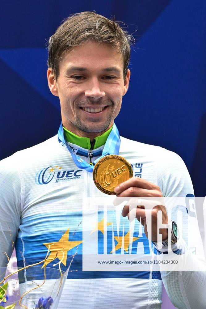 Slovenia s Primoz Roglic celebrates on the podium after winning the Men Elite Individual Time Trial race (22km) at the cycling UEC Road European Championships, in Ljubljana, Slovenia, on Wednesday 7 October 2026. The UEC Road European Championships are taking place from 02 to 07 October in Ljubljana, Slovenia. DAVIDxPINTENS x189070805x
