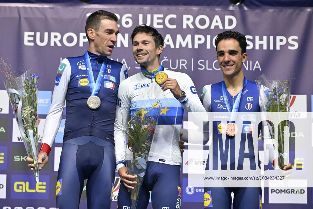 UEC 2026 Road European Championships Ljubljana 07 10 2026 SENCUR, SLOVENIA - OCTOBER 07 : silver medal Armirail Bruno (FRA), gold medal Roglic Primoz (SLO) and bronze medal Decomble Maxime (FRA) pictured during the podium ceremony of the Men Elite Individual Time Trial at the 2026 UEC Road European Championships. An UCI Continental Championships time trial cycling race with start and finish in Sencur on October 7, 2026 in Sencur, Slovenia, 07 10 2026 Sencur Slovenia