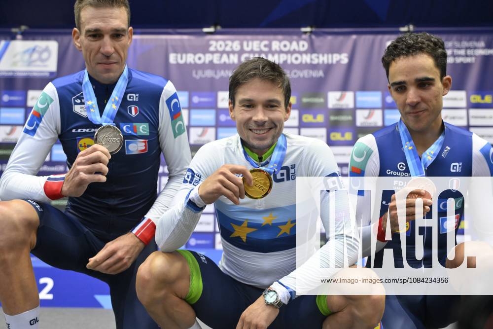 UEC 2026 Road European Championships Ljubljana 07 10 2026 SENCUR, SLOVENIA - OCTOBER 07 : silver medal Armirail Bruno (FRA), gold medal Roglic Primoz (SLO) and bronze medal Decomble Maxime (FRA) pictured during the podium ceremony of the Men Elite Individual Time Trial at the 2026 UEC Road European Championships. An UCI Continental Championships time trial cycling race with start and finish in Sencur on October 7, 2026 in Sencur, Slovenia, 07 10 2026 Sencur Slovenia