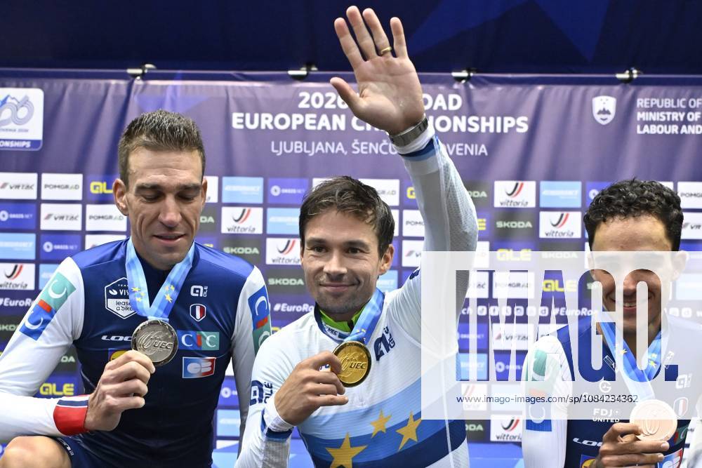 UEC 2026 Road European Championships Ljubljana 07 10 2026 SENCUR, SLOVENIA - OCTOBER 07 : silver medal Armirail Bruno (FRA), gold medal Roglic Primoz (SLO) and bronze medal Decomble Maxime (FRA) pictured during the podium ceremony of the Men Elite Individual Time Trial at the 2026 UEC Road European Championships. An UCI Continental Championships time trial cycling race with start and finish in Sencur on October 7, 2026 in Sencur, Slovenia, 07 10 2026 Sencur Slovenia