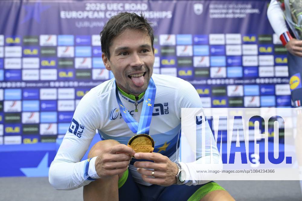 UEC 2026 Road European Championships Ljubljana 07 10 2026 SENCUR, SLOVENIA - OCTOBER 07 : gold medal Roglic Primoz (SLO) pictured during the podium ceremony of the Men Elite Individual Time Trial at the 2026 UEC Road European Championships. An UCI Continental Championships time trial cycling race with start and finish in Sencur on October 7, 2026 in Sencur, Slovenia, 07 10 2026 Sencur Slovenia