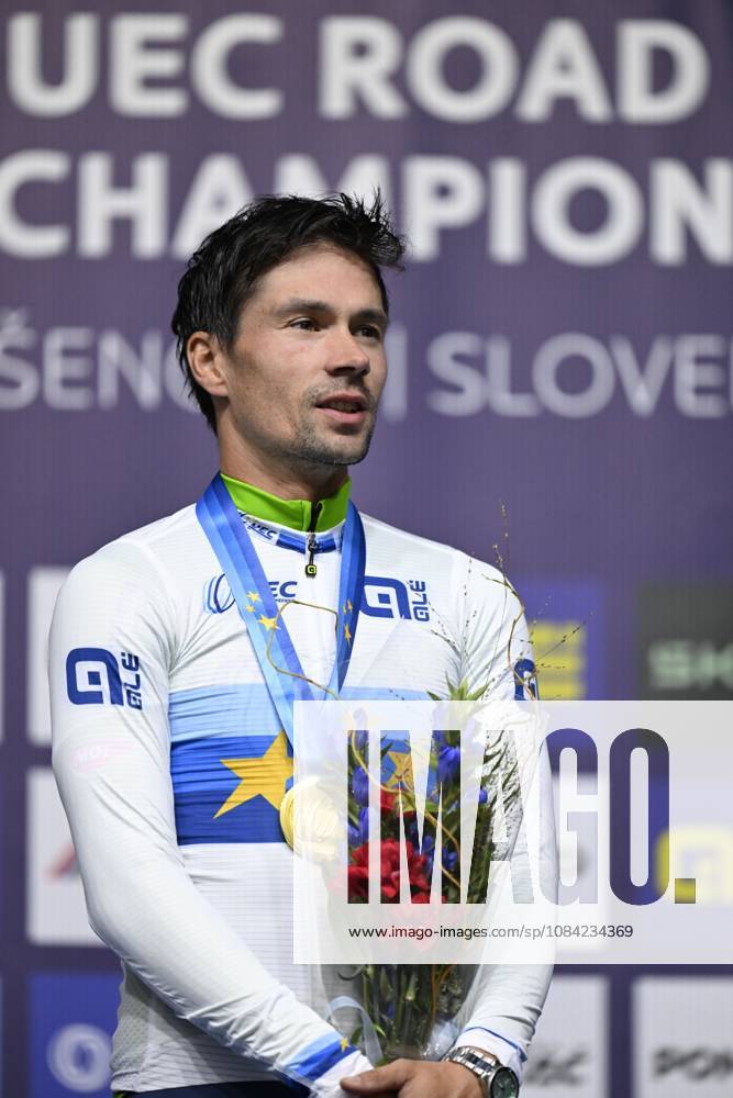 UEC 2026 Road European Championships Ljubljana 07 10 2026 SENCUR, SLOVENIA - OCTOBER 07 : gold medal Roglic Primoz (SLO) pictured during the podium ceremony of the Men Elite Individual Time Trial at the 2026 UEC Road European Championships. An UCI Continental Championships time trial cycling race with start and finish in Sencur on October 7, 2026 in Sencur, Slovenia, 07 10 2026 Sencur Slovenia