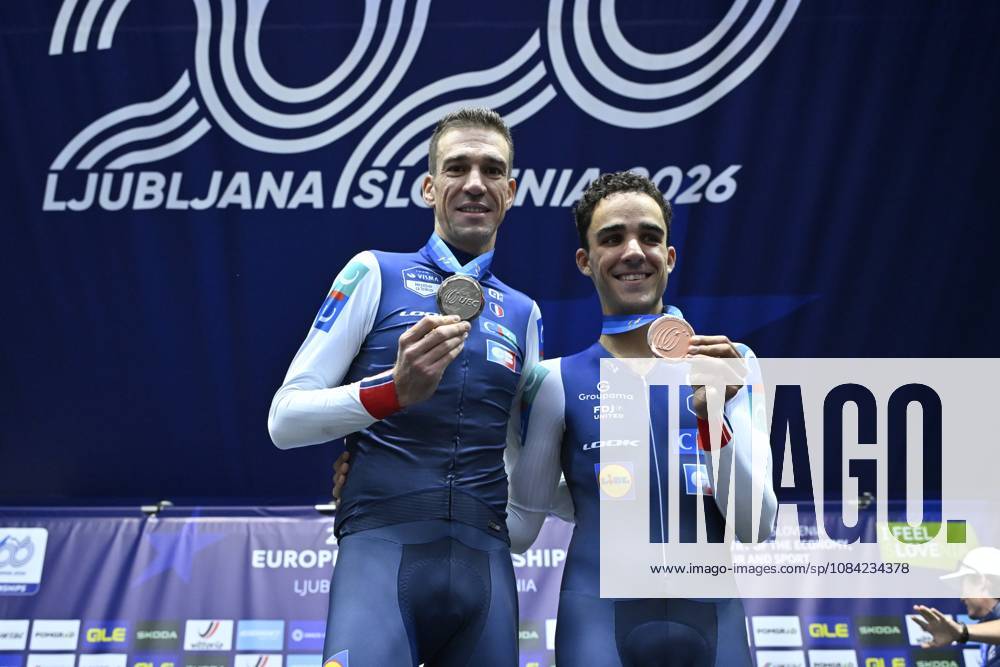 UEC 2026 Road European Championships Ljubljana 07 10 2026 SENCUR, SLOVENIA - OCTOBER 07 : silver medal Armirail Bruno (FRA) and bronze medal Decomble Maxime (FRA) pictured during the podium ceremony of the Men Elite Individual Time Trial at the 2026 UEC Road European Championships. An UCI Continental Championships time trial cycling race with start and finish in Sencur on October 7, 2026 in Sencur, Slovenia, 07 10 2026 Sencur Slovenia