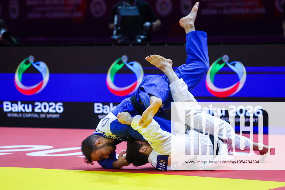 AZERBAIJAN, BAKU - OCTOBER 7, 2026: Abylaikhan Zhubanazar (top) of Kazakhstan and Omar Radzhabli of Azerbaijan compete in their -81 kg bout as part of the 2026 World Judo Championships at the National Gymnastics Arena 2026 World Judo Championships In Baku - ZUMAt113 20261007_zaa_t113_457